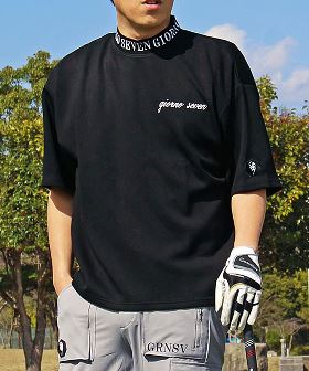 ゴルフウェア モックネックシャツ メンズ GIORNO SEVEN ジョルノセブン ワイドシルエット ハイネック ゴルフ 接触冷感 ストレッチ 半袖 ロゴ