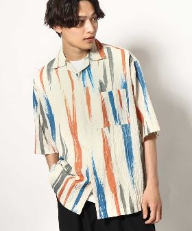 【トレンド】線画フラワーオープンカラーシャツ 5分袖