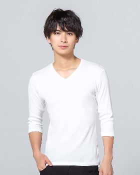 日本製テレコ七分袖VネックTシャツ（ホワイト）